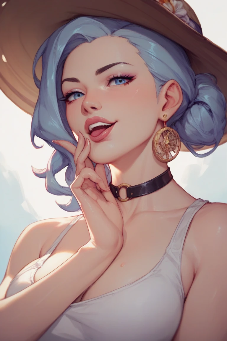 girl,big breasts, Long purple and blue hair, swimsuit, hands, sexy smile, 8k, super detail, idea tattoo, tarot card style, ((masterpiece)), (((Best Quality)))