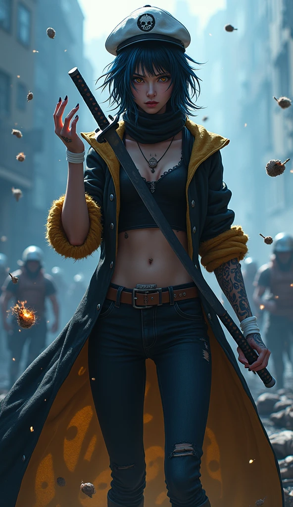 Female age 55, white skin, white glowing eyes, eyes full of mascara, sexy eyes, eyes without pupils and without irises, white eyes, short orange visual kei hair, black magic portals on hans, bright black furry trench matrix gabardine open, green cargo pants, cyberpunk japanese style, chains around the belt, athletic, magic powers, action, leather brown boots with metal pins, black nails, attack flying pose, hurricanes background