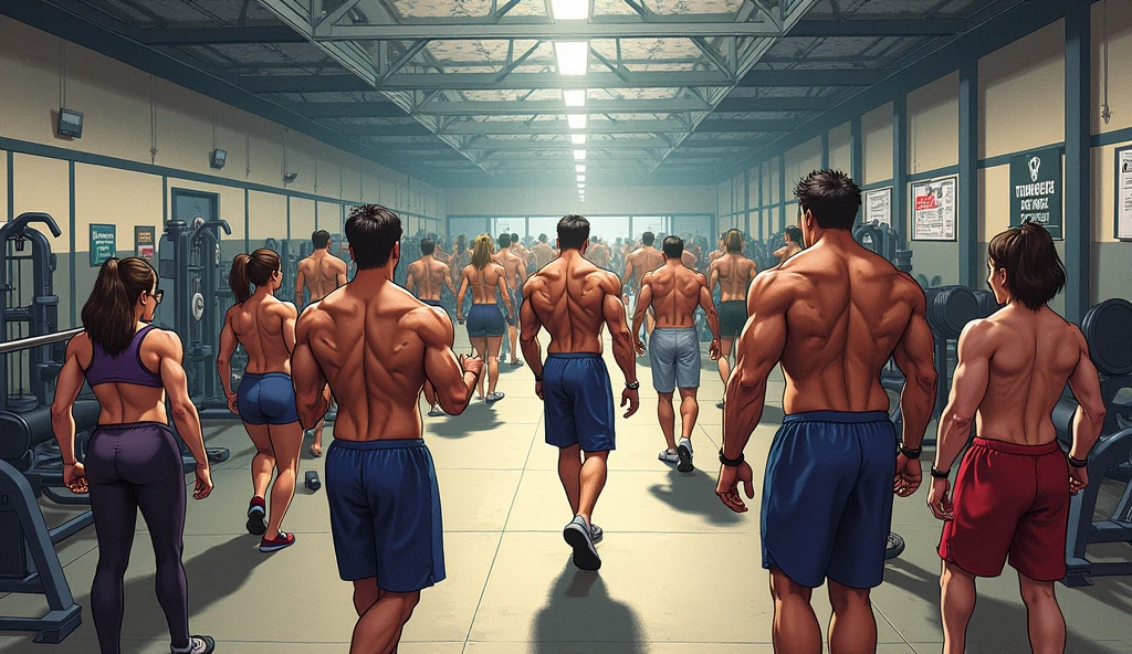 Muscular guys in string underwear, their toned bodies showcased as they confidently walk down the dimly lit street in the evening. The setting sun casts an orange glow over their sweat-slicked skin, accentuating their thick, firm buttocks that sway gently with each stride. The fabric of their underwear clings to their bodies, revealing every defined muscle and vein. Their expressions radiate a sense of freedom and masculinity, as they seemingly delight in the cool evening breeze against their bare skin. The streets remain empty, allowing the onlookers to fully appreciate the visual feast that unfolds before them.
