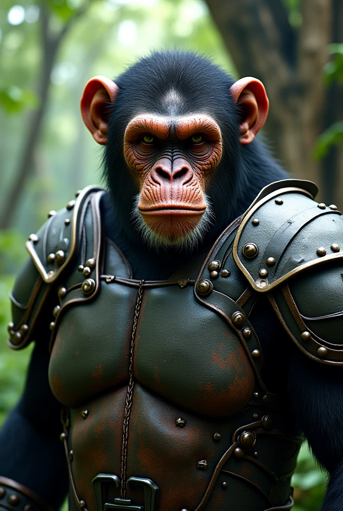 dark image with stark harsh contrast mainly shadows and silhouette of anthropogenesis which is an evolved human angry ape wearing (armor and helmet:1.2), the image is set in a forest jungle and has strong bokeh, it is wet and rainy, the photograph has film grain and likely comes from a cinestill, (large dirty cracked and detailed tusks take up much of the face:1.3) and he has red glowing eyes