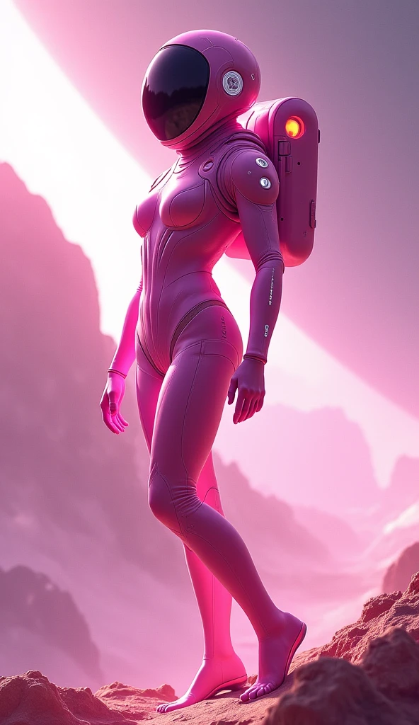 High resolution image of muscular blonde white skin woman, showing full body, breasts big, big-ass, wearing futuristic space sexy outfit, walking on deserted Mars, With Sun, looking at camera, perfect italian style face, fine nose, pink mouth lips, cloused mouth, well-defined eyes with blue irises, show beautiful legs, show your two beautiful feet, beautiful toes, 8K ultra resolution.