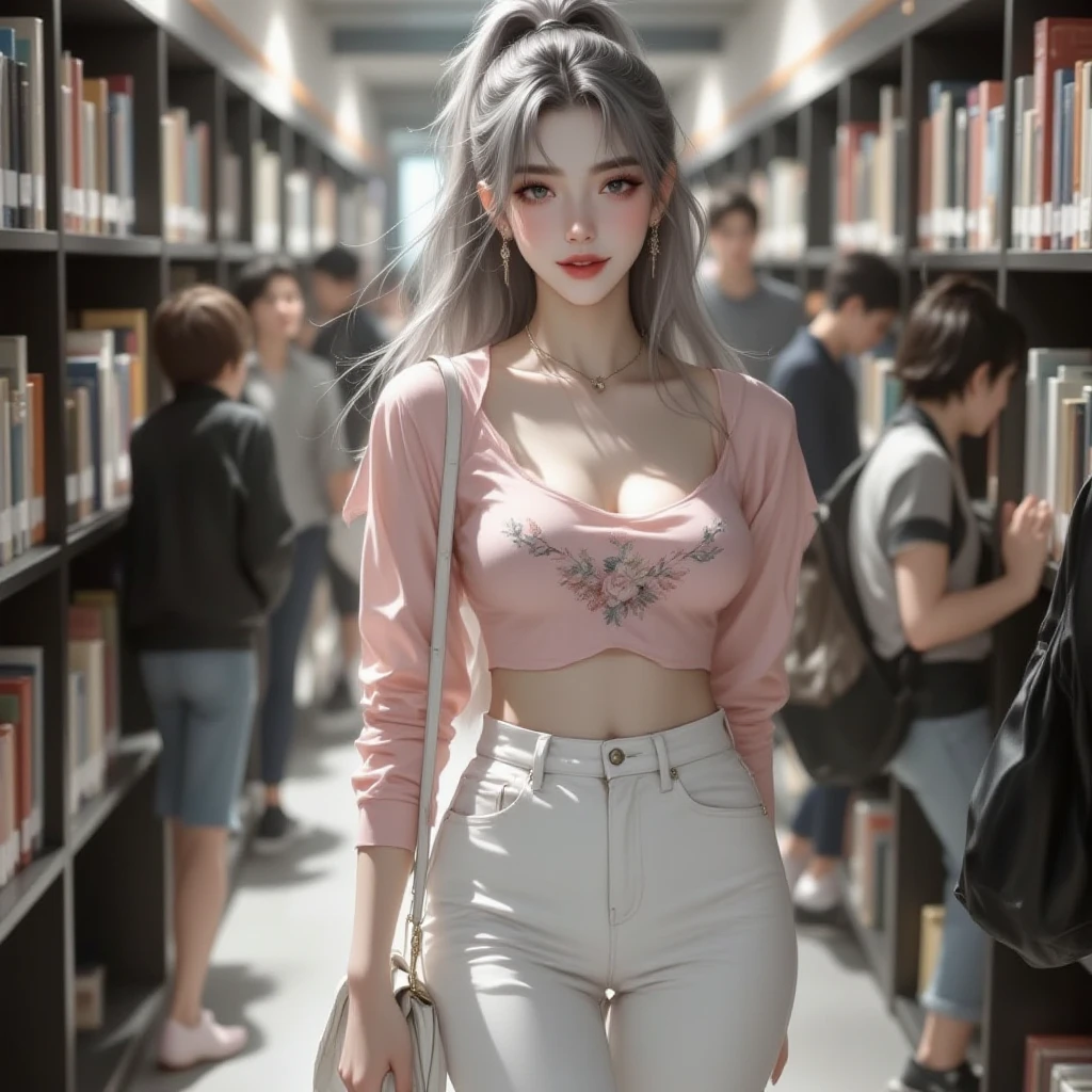 1girl,solo,(extremely detailed CG unity 8k wallpaper, masterpiece:1.4, best quality:1.1, ultra-detailed, best shadow), (chromatic aberration),(detailed background), High contrast, (best illumination, an extremely delicate and beautiful),(beautiful detailed girl:1.1),(ultra-detailed), vibrant colors,sharp focus,seductive,gloss:1.2,(wind lift:1.4), high detailed skin texture,shiny skin,strong rim light,from_above,fisheye_lens,A girl in the bookstore,raise her head,look up at viewer,bookstore,hand on hip,head tilt,vivacious,wink,cute,open_mouth,blush,makeup,eyelash,parted_lips,Kitten_necklace,watch,miniskirt,navel,collarbone,floating hair,wet,sweat,The books are on the shelf,indoors,
