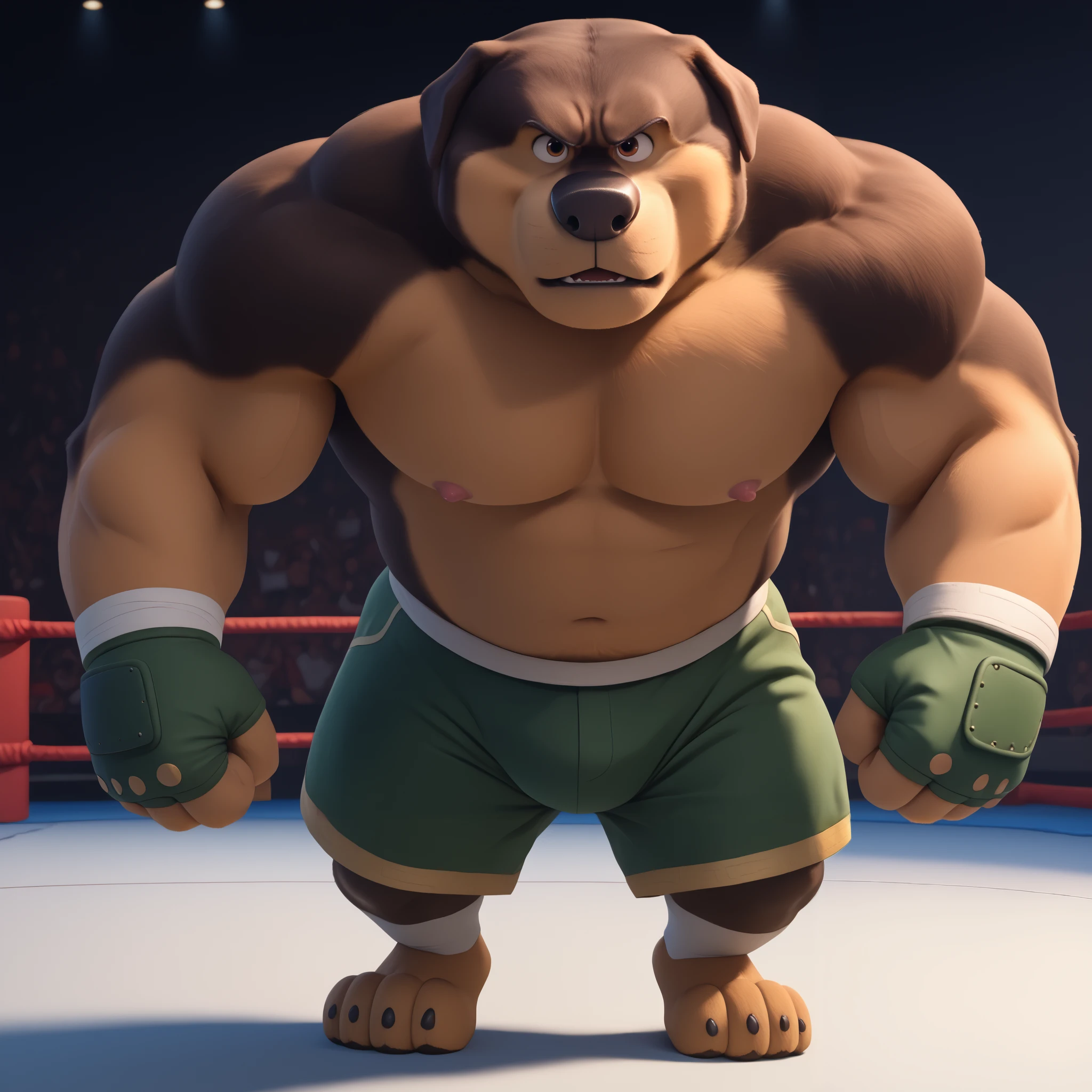score_9, score_8_up, score_7_up, cartoon_style, ((by BodiPhant0m)), byBodiRDz, 4k, 8k, The best quality, very well drawn, detailed, high quality, detailed, 4k, high resolution, high quality, high resolution, Khampa, detailed, high quality, detailed, 4k, high resolution, high quality, high resolution, furry character, canine, 2d, solo, fighting arena background, rockdog, khampa, style rock dog, movie style, style[rockdog], rockdog, male, Tibetan mastiff, mastiff, dog boy, dog, khampa, Tibetan Mastiff with brown-and-tan fur with tan fur on his muzzle, hands, feet, black nose, brown eyes, middle aged, thick muscular, Height: 6'10", Weight: 358lbs, shirtless, wearing black MMA shorts with green colored slits, MMA fingerless gloves with green knuckle pads, fights,  