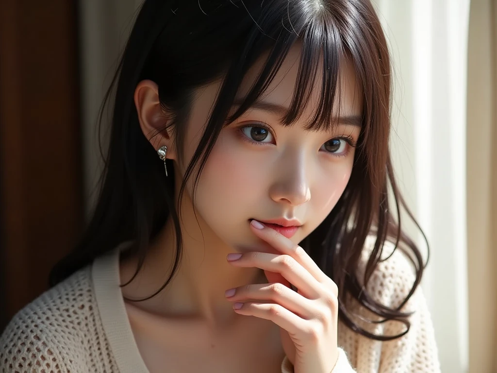 masutepiece, Best Quality, Illustration, Ultra-detailed, finely detail, hight resolution, 8K Wallpaper, Perfect dynamic composition, Beautiful detailed eyes, full body Esbian、Stand by the tree、knit,Medium Hair,Natural Color Lip, Bold sexy poses,Smile,Harajuku、20 years girl、Cute、Sexy shot looking at camera、C Cup、Brown hair、cacique#39;s face