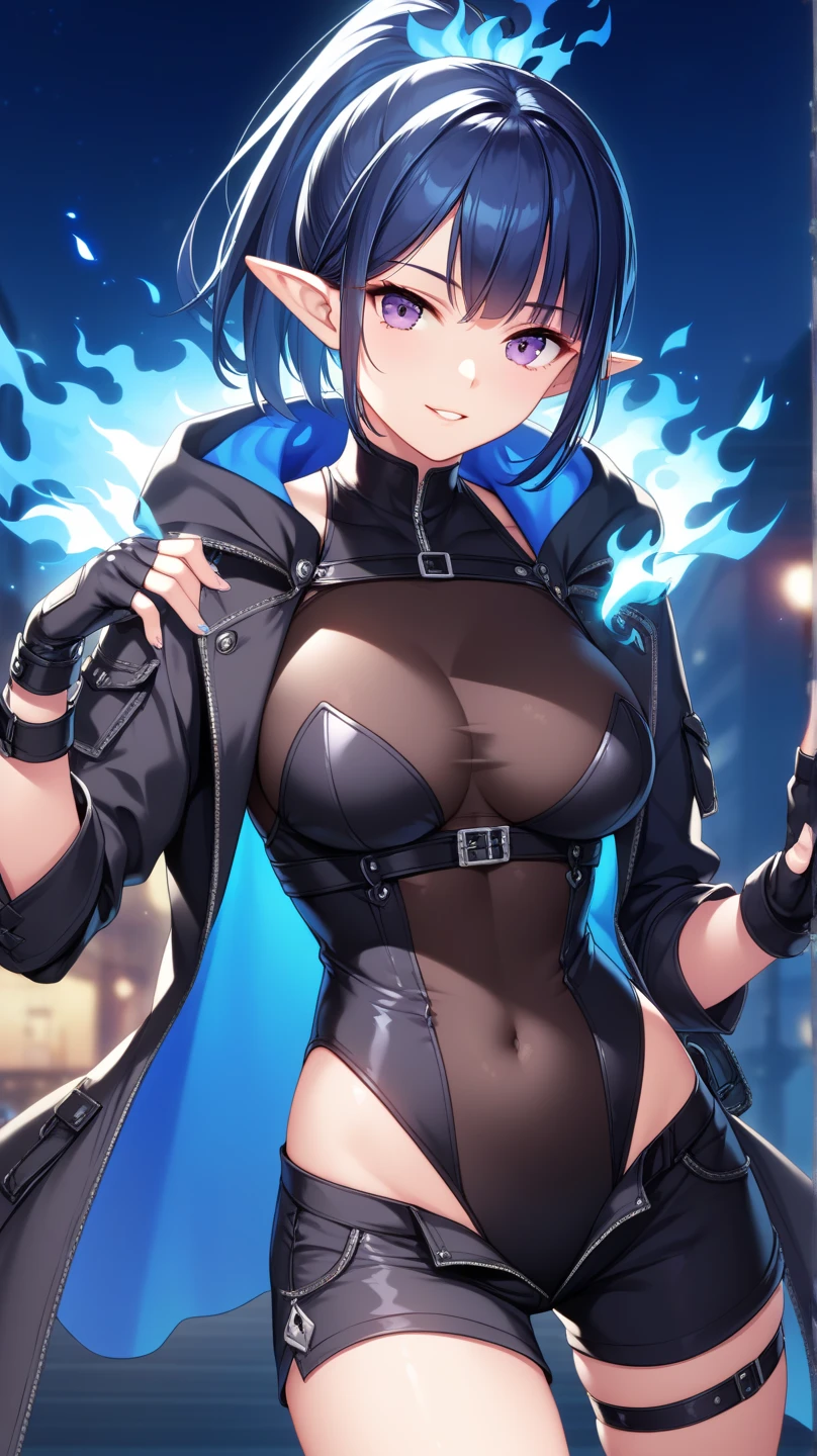 1boy, Femboy, superhero, crossdresser man, teenager, with a dark blue with red accents full body Spandex crow themed suit, with a blue cape, a blue glowing decal in the chest, black gloves and black boots that resemble crow feet, and a hoodie, long technological red sword, brown skinned, red eyes, feminine shoulder length dark brown hair, wide hips, thick thighs , flat chest, narrow waist, walking down street a futuristic city at night ((only one character))