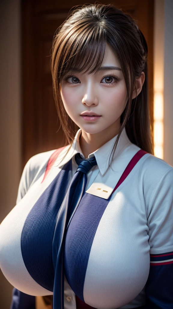 masutepiece,Best Quality,ultra-detailliert,Realistic,ultra photorealistic pictures,Distinct,8K Wallpapers, high-definition RAW color photography, Professional Photography,18-year-old girl,Girl in ,Classroom,(Solo, 1 nude girl in),hight resolution,Beautiful face in every detail,Realistic human skin,detailed thigh,Realistic thighs,(Detailed and photorealistic faces: 1.2), (Highest Quality: 1.2), (eyes with double and long eyelashes:1.6),(Embarrassed look:1.7), (beutiful breast:1.5),(H Cup Breast:1.4) ,Emphasis on the chest,Blue eyes,Moist eyes,Bright's Hair,Hair in a ponytail,Wearing a hair band,damp hair,It is a powerful expression even when looking at the camera,Idol-style face, pleatedskirt,((Turn your hands behind your back and arch your upper body:1.8)), (Emphasis on the chest:1.8)),((Spread your legs wide from side to side:1.5)),((Angle from below)),(Angle from below:1.5),cowboy shot,perfectbody, ((She wears a blouse、red necktie:1.8)), Look at viewers, Young Face,,High resolution,Professional lighting,physically-based renderingt