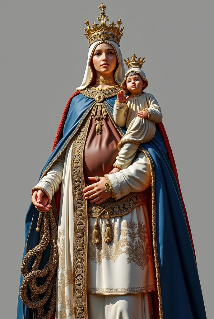 Virgin of Carmen with the child, with a white cape and brown tunic, the Virgin of Carmen, with white tunic the child, realist, The Virgin of Carmen with many golden accessories, beautiful, The Virgin of Carmen with a crown, the Virgin of Carmen has an angelic and porcelain face, the virgin of Carmen standing, that the entire body of the Virgin of Carmen be shown, that the Virgin of Carmen be shown from head to toe