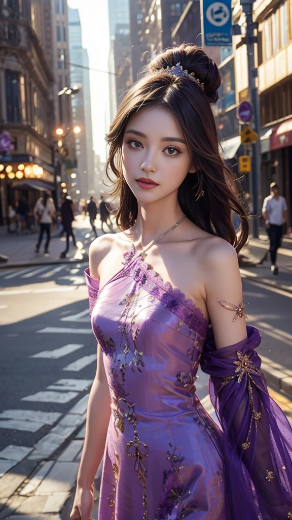outfit-km purple dress pelvic curtain elegant posture, She gently lifted her skirt with one hand,头发周围有白色的Butterfly兰，Lilac dendrobium、White Lily, Long legs , Deep in Wonderland, ((Flowing long hair))Official Art , Unity8k Wallpaper , Extremely detailed , Visible cleavage, Pretty and beautiful , 性感Long legs, masterpiece , best quality ,Practical, Very detailed illustrations ,Extremely detailed , Intricate details , Extremely complex and detailed , Very detailed 8KCG wallpaper , Caustics .reflection , Ray Tracing , Devil theme ,nebula ,Dark aura, Network Effects , (1 girl)solitary , 小蓝Butterfly , (Blue plasma flame , (insect , Butterfly)) Pastel tones in Rococo style ,Light white and light dark red , Incredibly beautiful , Cherry blossoms , Surrealism ,painting , Ethereal , Mixing reality and fantasy elements ,Ray Tracing , Complex Mode , Exquisite lines , Perfect your hands, Starry Sky , Colorful , Star