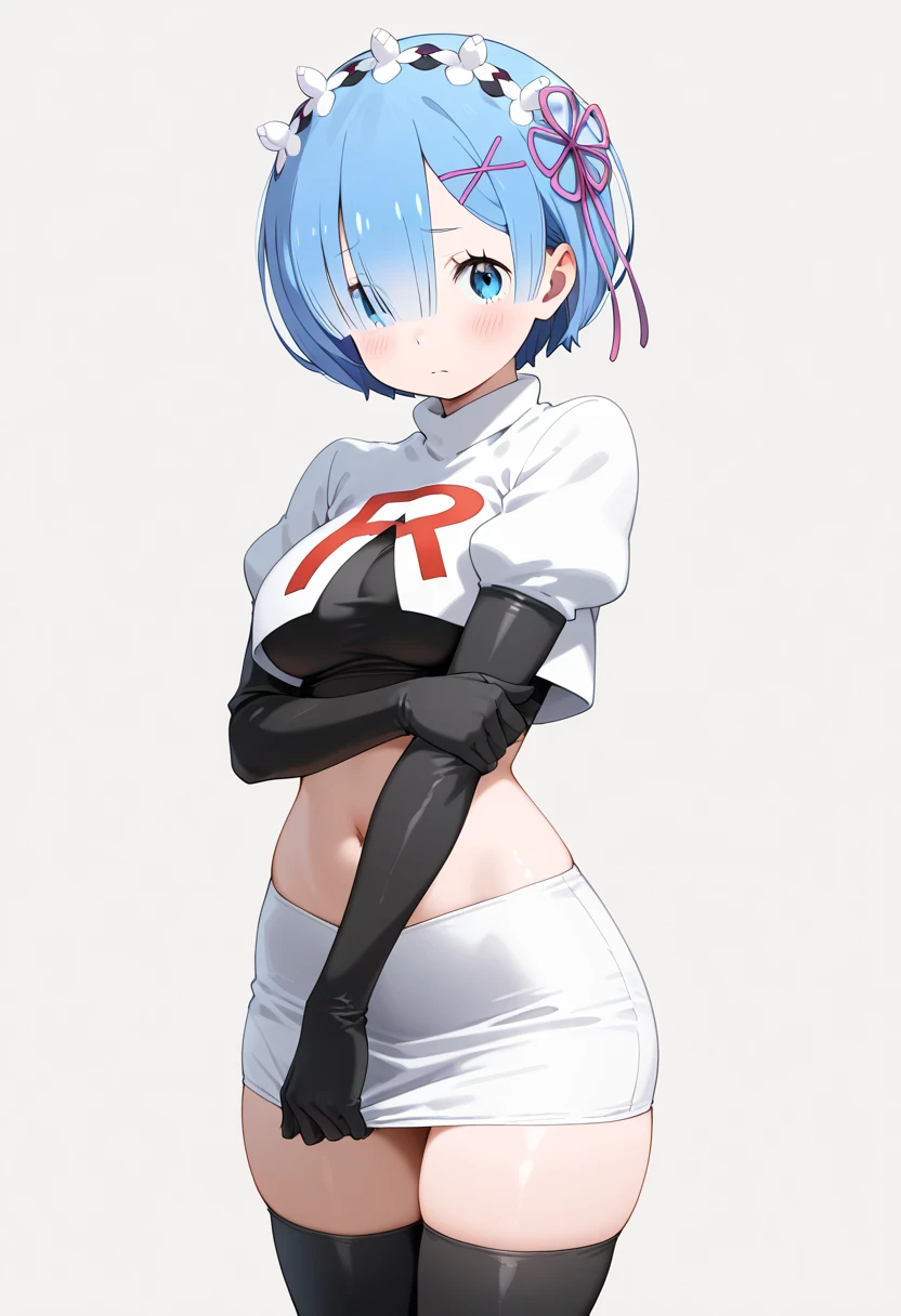 reiayanami, rei ayanami, blue hair, short hair, (red eyes:1.5), (small breast:1.2),
BREAK, headgear, team rocket,team rocket uniform,white skirt,red letter R,crop top,black thigh-highs,black elbow gloves
BREAK looking at viewer, (cowboy shot:1.5),
BREAK (masterpiece:1.2), best quality, high resolution, unity 8k wallpaper, (illustration:0.8), (beautiful detailed eyes:1.6), extremely detailed face, perfect lighting, extremely detailed CG, (perfect hands, perfect anatomy),