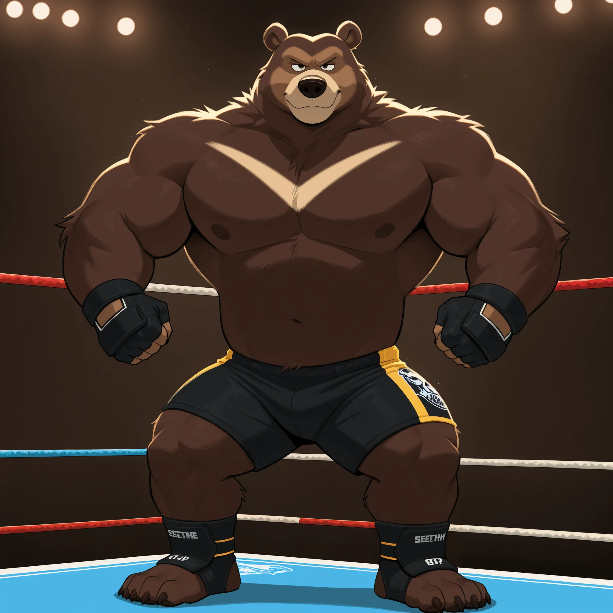 score_9, score_8_up, score_7_up, cartoon_style, ((by BodiPhantom)), 4k, 8k, The best quality, very well drawn, detailed, high quality, detailed, 4k, high resolution, high quality, high resolution, furry character, ursine, BodiPhantom, Himalayan bear, bear, boy, (sexy), thick arms, huge arms, 350lbs, (dark brown fur)), lights, fighting ring, stances, seething, on the caged ring, wearing black MMA shorts with green slits, MMA fingerless gloves with knuckle pads, ankle support brace, ready to fight, front view