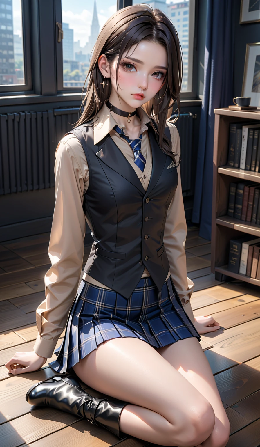 Top Quality, Masterpiece, 1 Girl, Beautiful Face, (Photorealistic Picture:1.3), Rim Lighting, (High Detail Skin:1.2), 8K UHD, DSLR, High Quality, High Resolution, 4K, 8K, Bokeh, Absurdity, Best Ratio Four Fingers and One Thumb, (Real:1.3), Small Face, Cute One Girl, Black Formal Blazer, Middle Breast, Short Skirt,Office