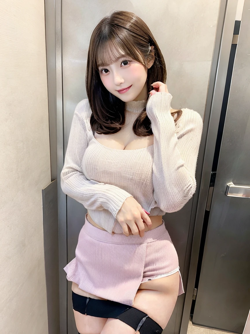 best image quality、realistically、Shining beautiful skin、1 female、Early 20s、Chair、idol sculpture、sweater、mini skirt、underwear、smile at the camera、