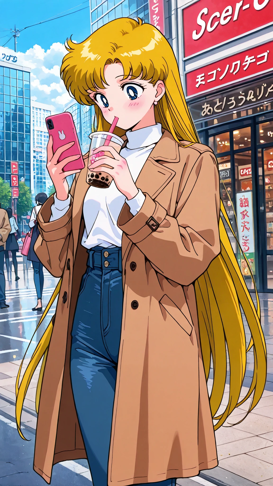 safe_pos, (score_9, score_8_up, score_7_up, score_6_up,) masterpiece, high quality, (best quality:1.1), sharp details, vivid color, young lady, 4k, sexy body, perfect anatomy hands, perfect anatomy fingers, masterpiece, best quality, newest, 1girl, solo, usagi tsukino, blonde hair, blue eyes, loose hair, very long hair, parted bangs, white turtleneck, brown coat, open coat, high-waist jeans, standing, outdoors, city, holding phone, smartphone, holding bubble tea, dutch angle, looking at phone, drinking, drinking straw in mouth, masterpiece, amazing quality, best quality, ultra-detailed, 8K, illustration, ultra-detailed-eyes, soft skin, very awa, very as2, (body blush:1.2), shiny skin, shiny hair, soft body, 90's style, official art