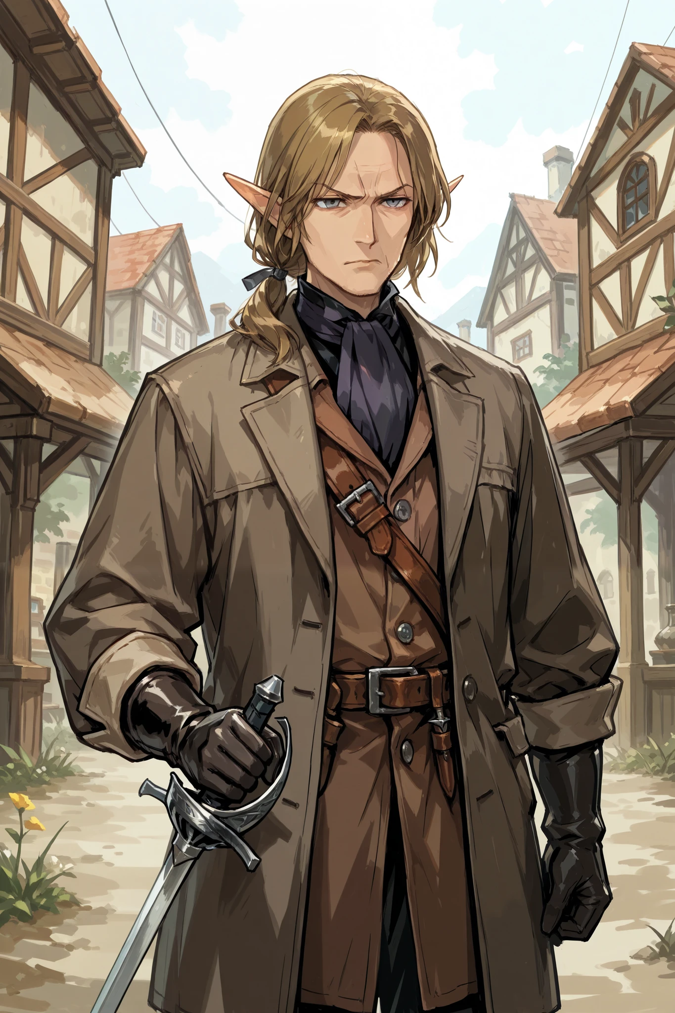 Elf, pointed ears, male, dark blonde hair, cololnial era ponytail, middle aged, angular face, grey eyes, (wearing dark green frock coat), leather armor under frock coat, black silk gloves, blue cravat,, grey breeches, (rapier storedi in scabard; standing outside a colonial village,(18th century clothes, pirate era clothing), stern, annoyed , fantasy art, dungeons and dragons, close up, npcp,