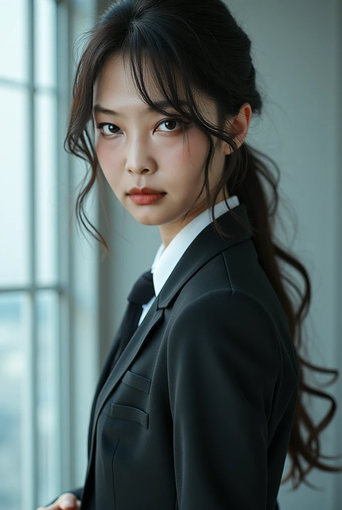 (masterpiece、High resolution、High resolution、超High resolution、delicate、40k、Perfect lighting、sunlight）1 female（Age 25、Brown Hair、Long Hair、Curly Hair、Clear Eyes、Dark lips、slim、thin、OL、suit）Outside the office、Bright sunshine、suitの下はタイトなTシャツ、valley、E Cup