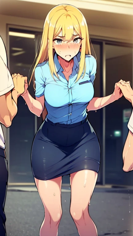 Multiple penises,Slender and sexy woman,ponytail,Cum in mouth,deep throat ,Black knee-high boots,Jeans Shorts,train,Molester,Multiple men,A man grabs a woman's arm,Put your hands behind your back,penis,