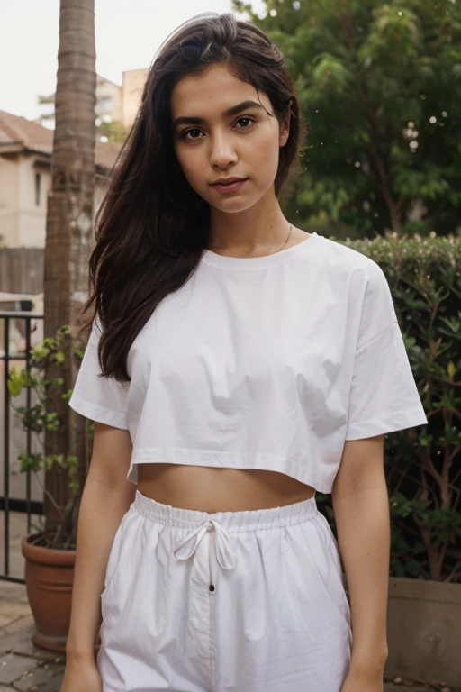 A 13 year old girl standing on a paved walkway of weathered bricks with a brick wall in the back and an oak tree, she has freckles and tanned skin as she ties her hair while looking at the camera, sharp sunlight peaks through, she is wearing a white camisole along with black track pants,