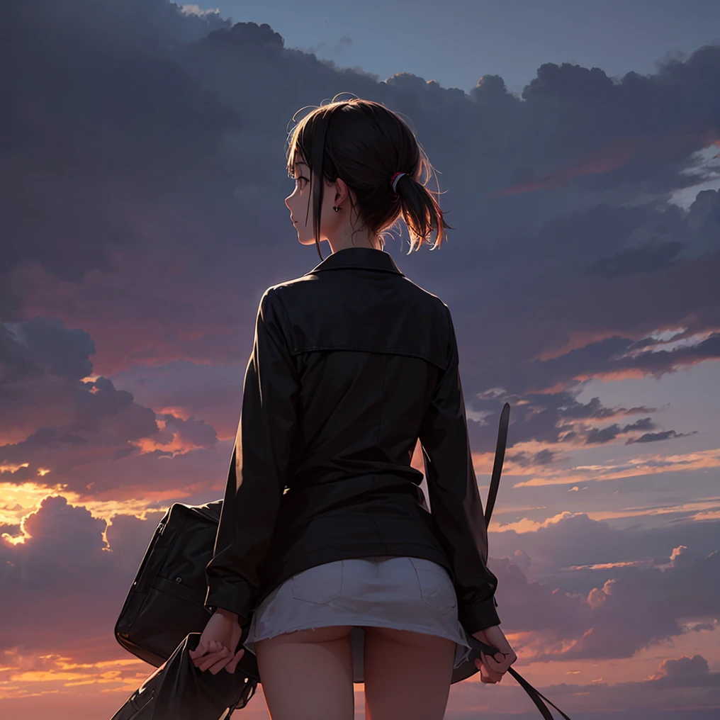 a woman with a big butt and wide hips, her butt is visible in her dress, she is with a single weapo, It's in the battle field, she has red eye and she smiling.