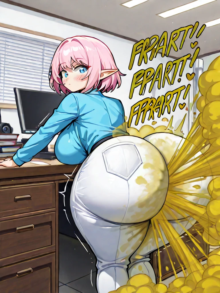 (((1female))), ciel_megamanz, ((blonde hair, default hair)), ((pink outfit, default outfit)), skinny body, huge breasts, farting, massive fart, velocity, embarrassed, bending over, leaning, sorry eyes, blush, clenching teeth, viewing ass, basement, alone in a room, tight skirt, viewing ass, sitting on chair, labratory, working in lab