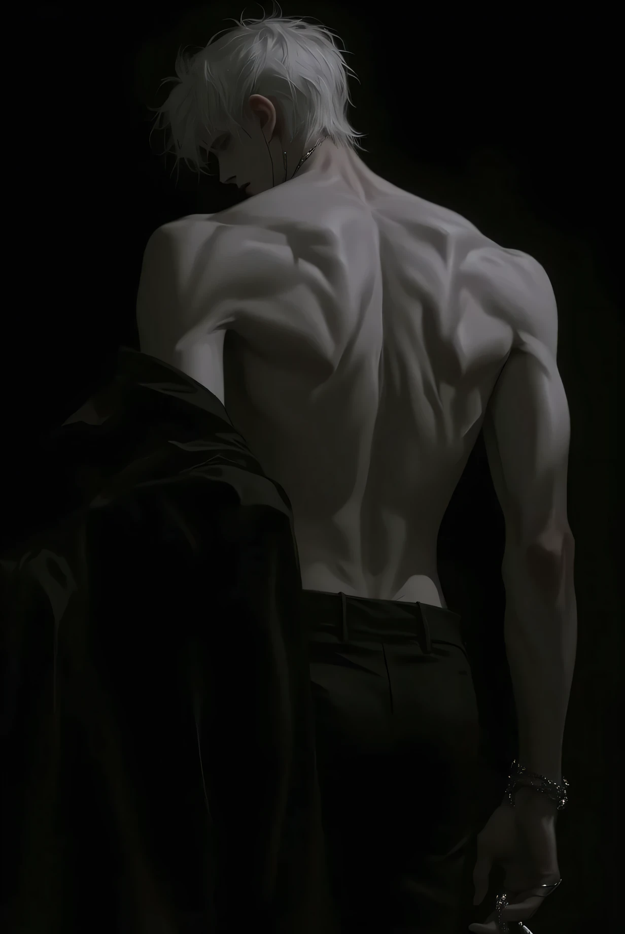 A tall and imposing man stands with his back against a dark background. His silhouette clearly stands out, projecting a faint luminosity onto the shadow surrounding him. His posture is firm , with his shoulders straight and his head slightly turned to the side, as if he were studying something beyond the frame. . His mere presence exudes trust and danger.
Its bare torso reveals a large and muscular back sculpted with precision., where every muscle is marked under his olive-colored skin, dotted with scars that tell silent stories. The faint light highlights the relief of his worked physique, from the curvature of his shoulder blades to the firmness of his waist.
His white and disheveled hair falls into rebellious locks, , giving him an air of calculated indifference. Although his face is not fully visible, the inclination of her jaw and the tension in her neck suggest a serious and analytical expression.
In his left hand, a silver ring in the shape of a snake subtly shines, while his right hand rests relaxed, his fingers playing lightly with the cigarette between them.
The space that surrounds him is empty and pure, but her mere presence fills the scene with a sense of unwavering authority. He doesn't need words or ornaments; his posture says it all. Elegance and danger are intertwined in his figure, as if it were waiting just the right moment to move.