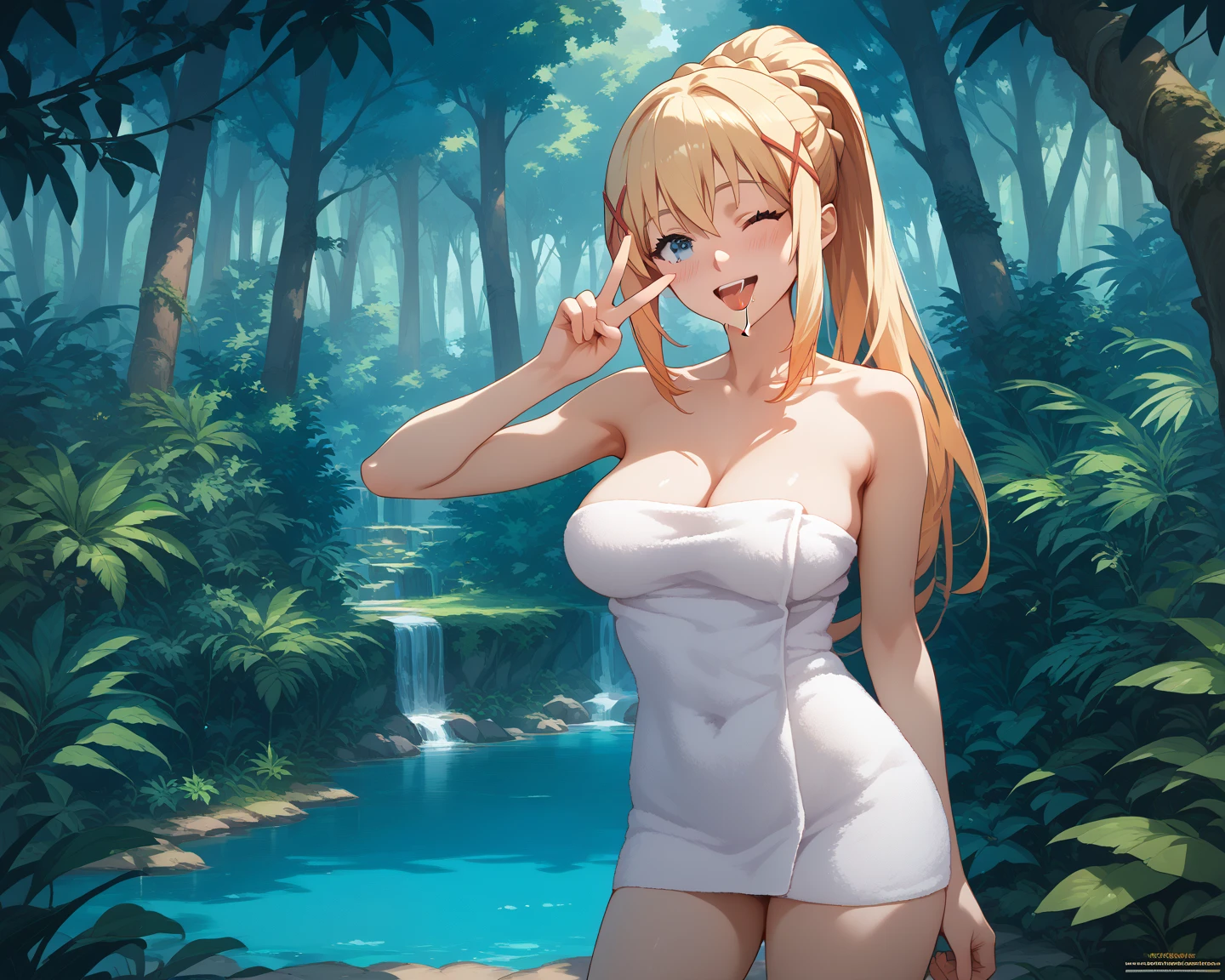 8k, visual anime of a cute girl, best anime girl, Ecchi anime style, seductive girl, bright blonde hair, Long hair, detailed eyes and face, blue eyes, detailed lips, beautiful detailed eyes, Defined tabs, eyeshadow, lined eyes, thick eyebrows, big breasts, flushed, looking at the viewer in a seductive way, hair covering nipples, erect nipples, unclothed, naked, BREAK, Submerged in water up to her chest in a hot spring pool, Japanese hot springs, wet body, wet between the chest, girl covering her breasts with her hands, half body submerged in crystal clear water, On the banks of the lagoon there are reeds with white lilies, wooden wall and night sky with crescent moon, stars around the moon, BREAK, water vapor around.