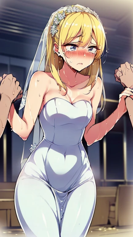 NSFW, (masterpiece, top quality, best quality, highly detailed:1.6), anatomically correct,(Wedding dress:2.5),(church:2), (standing:2.5),(leaning forward, hands between legs:2), (Touching crotch, holding crotch:3), (close knees, pee running down legs:2.5), (((clutching crotch))), (full body), wide shot, long shot, strong facial expression, (sharp eye:1.2), (scowl:1.1), (embarrassed,blush:2.3), (steam:2.9), (Wet:1.1), (sweat:1.1), (trembling:2.3), (open mouth, wavy mouth:1.4),(drooling:0.3), (clenched teeth:1.7),(tears:3), (half open eyes:3.9), (one eye closed, Wink:2.1), (feeling weak:1.5), (bravery crying, sobbing:1.5), (shoot from front, looking at viewer:1.2), colorful, ((indoor)), (Ponytail, very long hair, Dark brown hair, Extra long hair:1.5), (Round Glasses:1.3),(high-heels:1.7), (woman trembling with sexual climax), urination, piss, peeing self, A lot of pee, large breasts, (((pee stream))), (pee puddle), pee stain, peeing, blush, embarrassed, Are crying, Yellow pee, ((leaking pee)), Shaking one's shoulders, Breaking a sweat on forehead, Wetting self, puddle of pee, Pee at your feet, Pee spread on the floor, Pee stains, Dripping pee between my legs, Feet Wet from pee, Pee-covered feet, Pee at your feet, want to pee, about to pee, Full bladder, Pee-soaked high-heels, The limit of holding in pee, A big pee, Pleasant pee, a big puddle of urine at my feet, can't stand it and urinate, can't stand peeing, Non-stop peeing, Unstoppable peeing, panty Wet with pee, A pleasant feeling of urination after holding it in to the limit,Pee-soaked dress, Pee-soaked thighs,Pee-soaked hands, natural makeup,