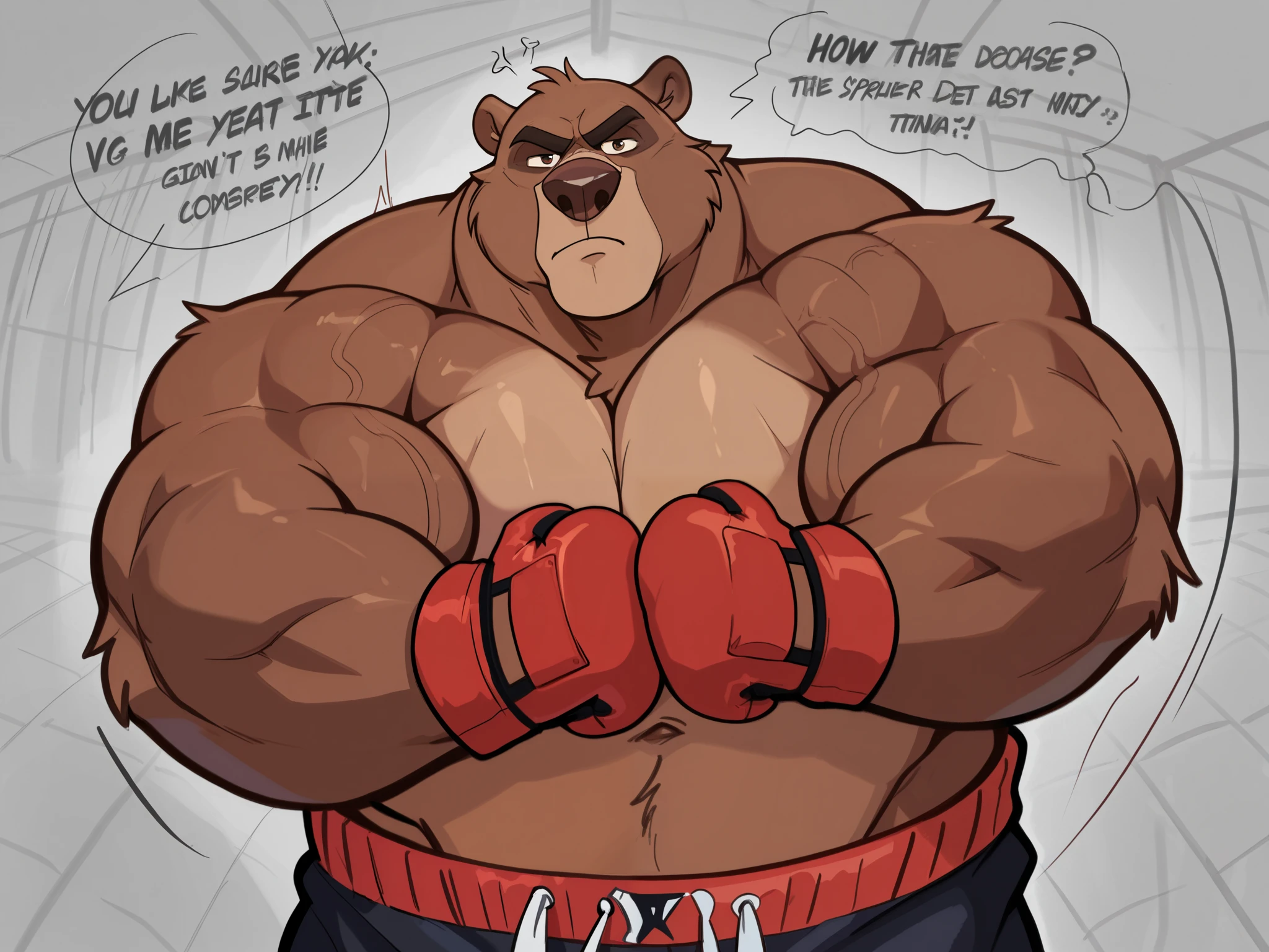 Solo, 1boy, Muscular Old, grunting, frustration glare, focus, look at viewer, wide shoulder, pectoral, thick arms, huge pectoral, wide pectoral, brown nose, a Kodiak brown bear in an MMA shorts with red slits wearing an MMA gloves with red knuckle pads and an ankle support brace as he workouts in the gymnasium warehouse, Walt Disney 2D Zootopia Animation Art Style,