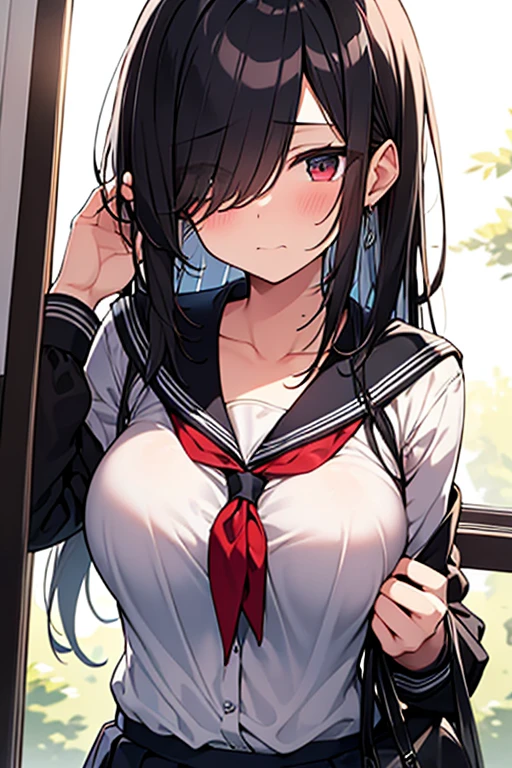 tmasterpiece，best qualtiy，tmasterpiece，best qualtiy，offcial art，the Extremely Detailed CG Unity 8K Wallpapers，traditional_Mediums，Kizi，，black hair band，long whitr hair，whaite hair，eBlue eyes，Small breasts，navel, underboob，Extremely embarrassed, ahegao，,low-tied long hair,straight on,Pupil of the slit,serafuku,school hallway