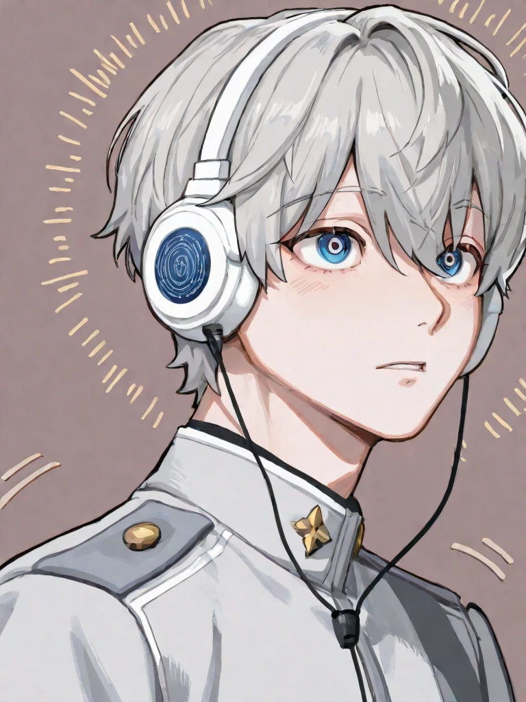 1 little boy, kid, android with a messy short white hair and blue eyes, futuristic white clothes, blushing, shy