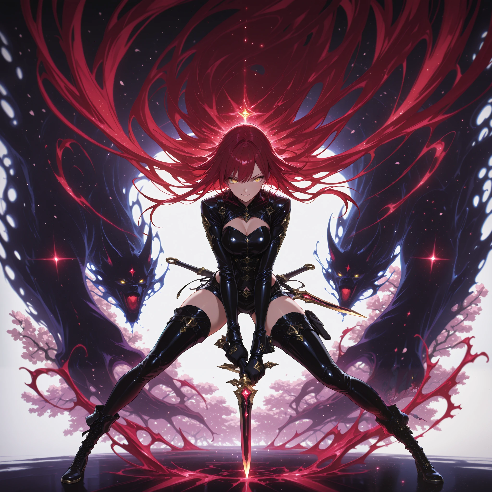 (masterpiece, best quality), amazing quality, very aesthetic, absurdres, newest, HDR, 8K, high detail RAW color art, splash art, 1girl, golden eyes, red hair, very long hair, medium breasts, curvy, beautiful, cool, sexy, long sleeves, black corset, black leather shorts, boots, solo, smirk, dynamic pose, dramatic wielding dagger pose, badass pose, holding two great black Serrated dagger, cool posing, surreal, white background, shadow creature, magical, fantasy, magic, glittering, glow, chromatic aberration, glowing particles, solo, perfect anatomy, flower tendrils, cherry blossoms, alone