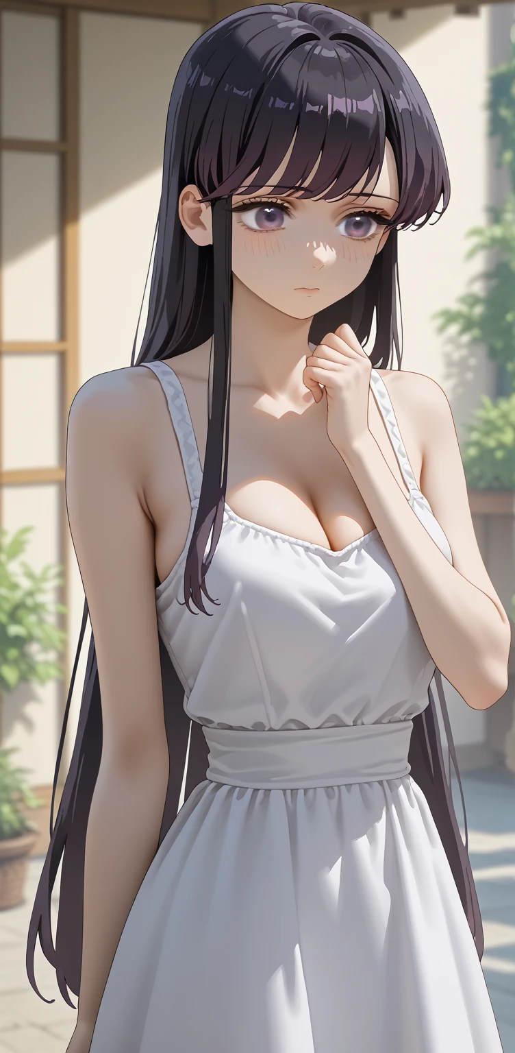 1 lady, Beautiful asian lady, Long straight hair, beautiful face, detailed face, delicate eyes, detailed pupil, beautiful and delicate lips, white camisole long skirt, Simple and stylish, hand drawn animation, high detailed, outdoor, blush, shy, heart, in love, symmetrical clothes, best quality, masterpiece, retina