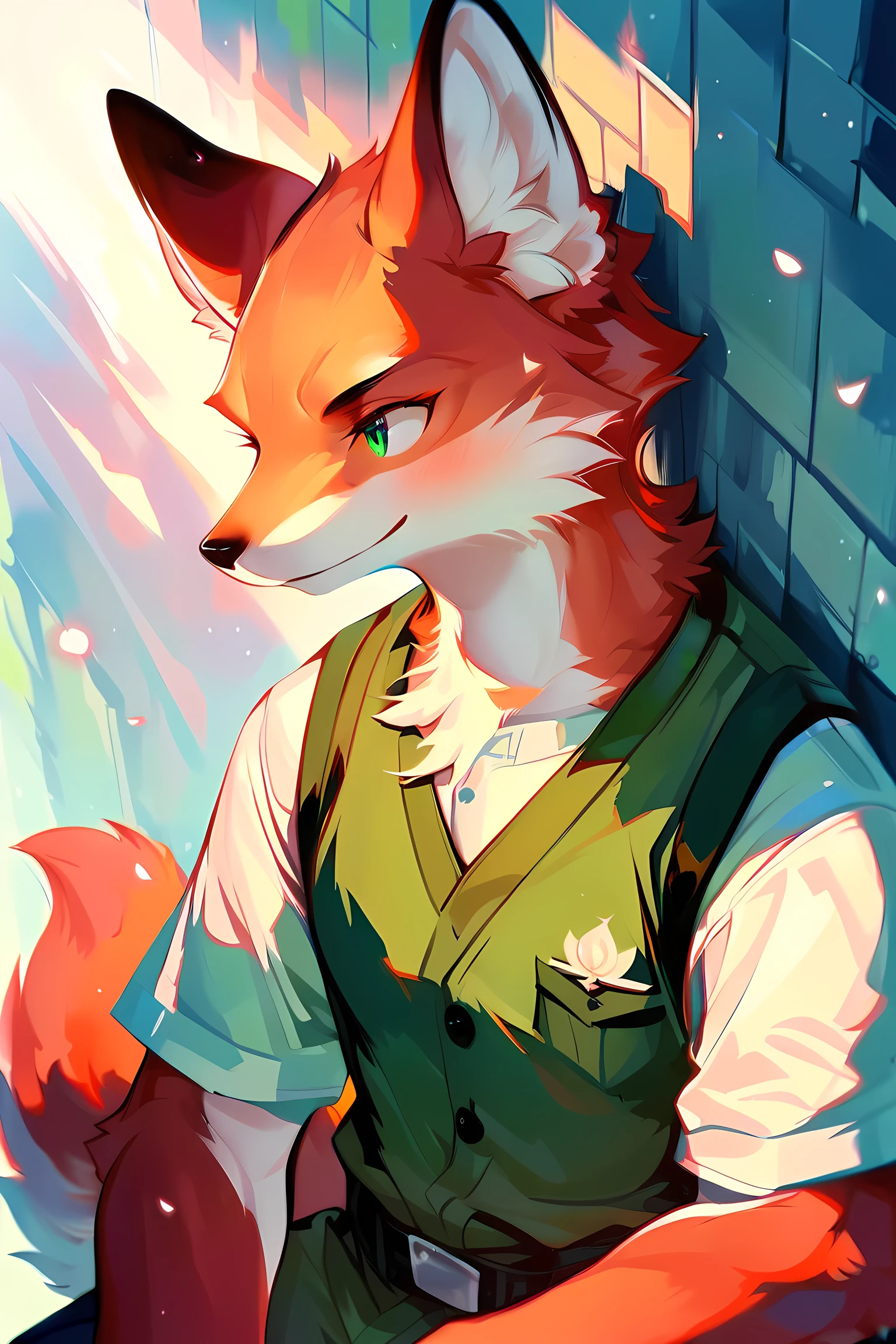 anime - style image of a male furry, red fox furry, green tunic and brown vest, A male red fox,25 years old, fur neatly groomed, save for a few rebellious tufts that always seemed to stick up, pixiv art, masterpiece, sfw version, score_9, score_8_up, score_7