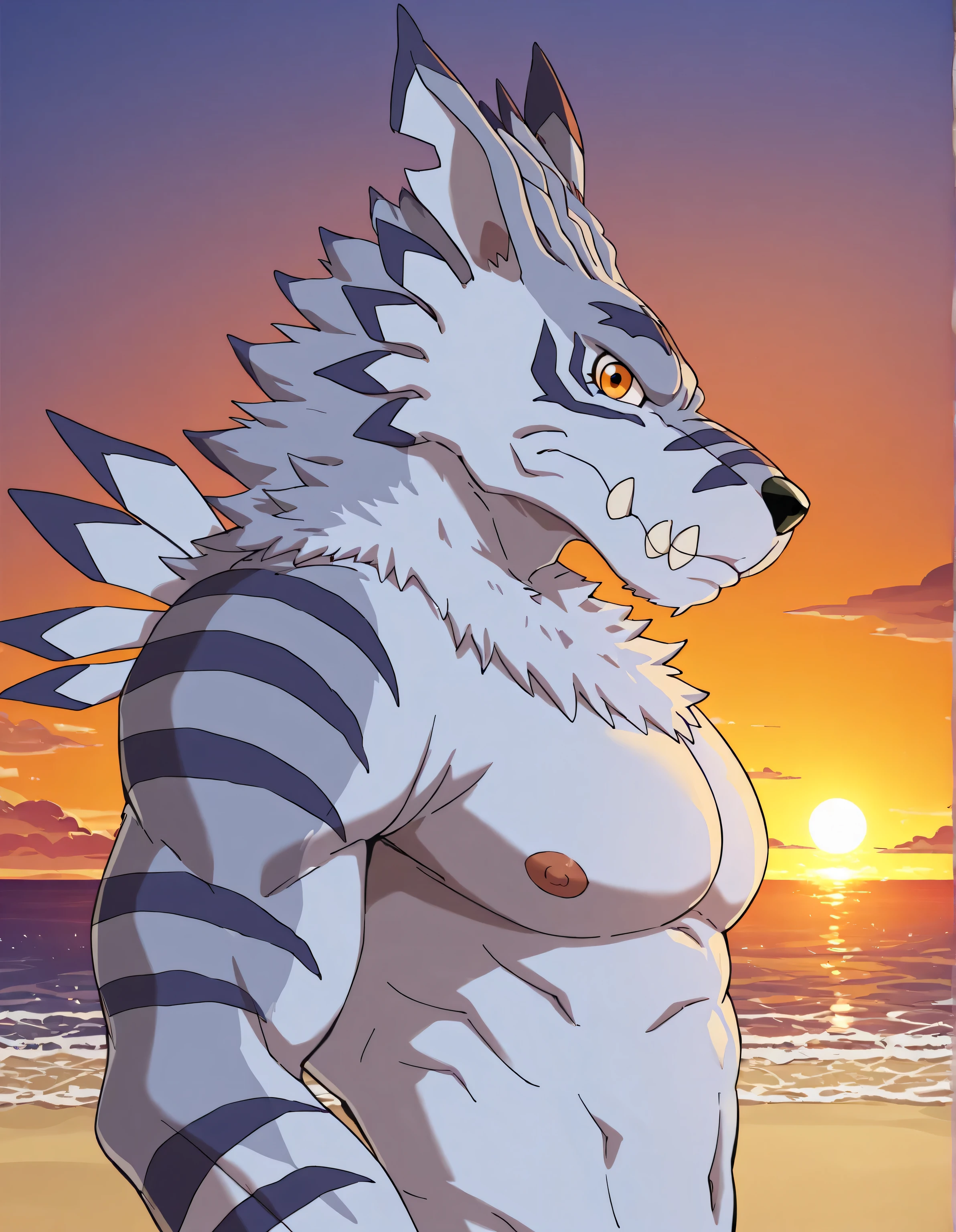 weregarurumon, weregmonil, anthro, male, wolf, light blue fur, orange eyes, dark blue stripes, purple claws, solo, beach, (sunset), sunlight, backlight, body in shadows, posing, half body, looking at viewer, muscular, pecs, high quality, score_9_up, score_8_up, side view