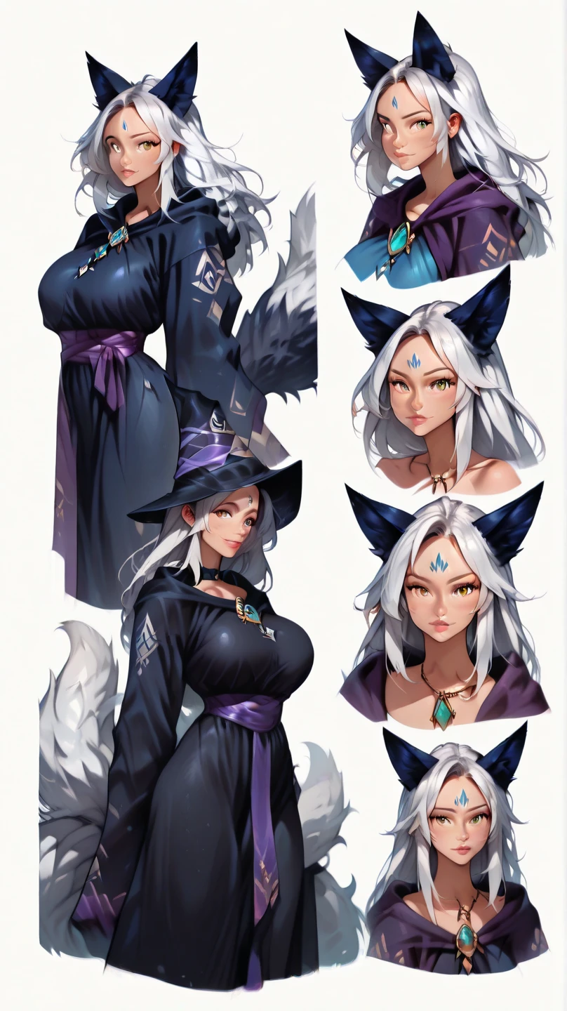 high resolution, kitsune, fox girl, anime, busty, silver white hair and fur, silver fox ears, silver fox tails, mage, spell caster, fantasy mage clothing, full body, , character reference sheet, solo, long hair, sfw, vtuber, beautiful, white background, open eyes, standing, tall,