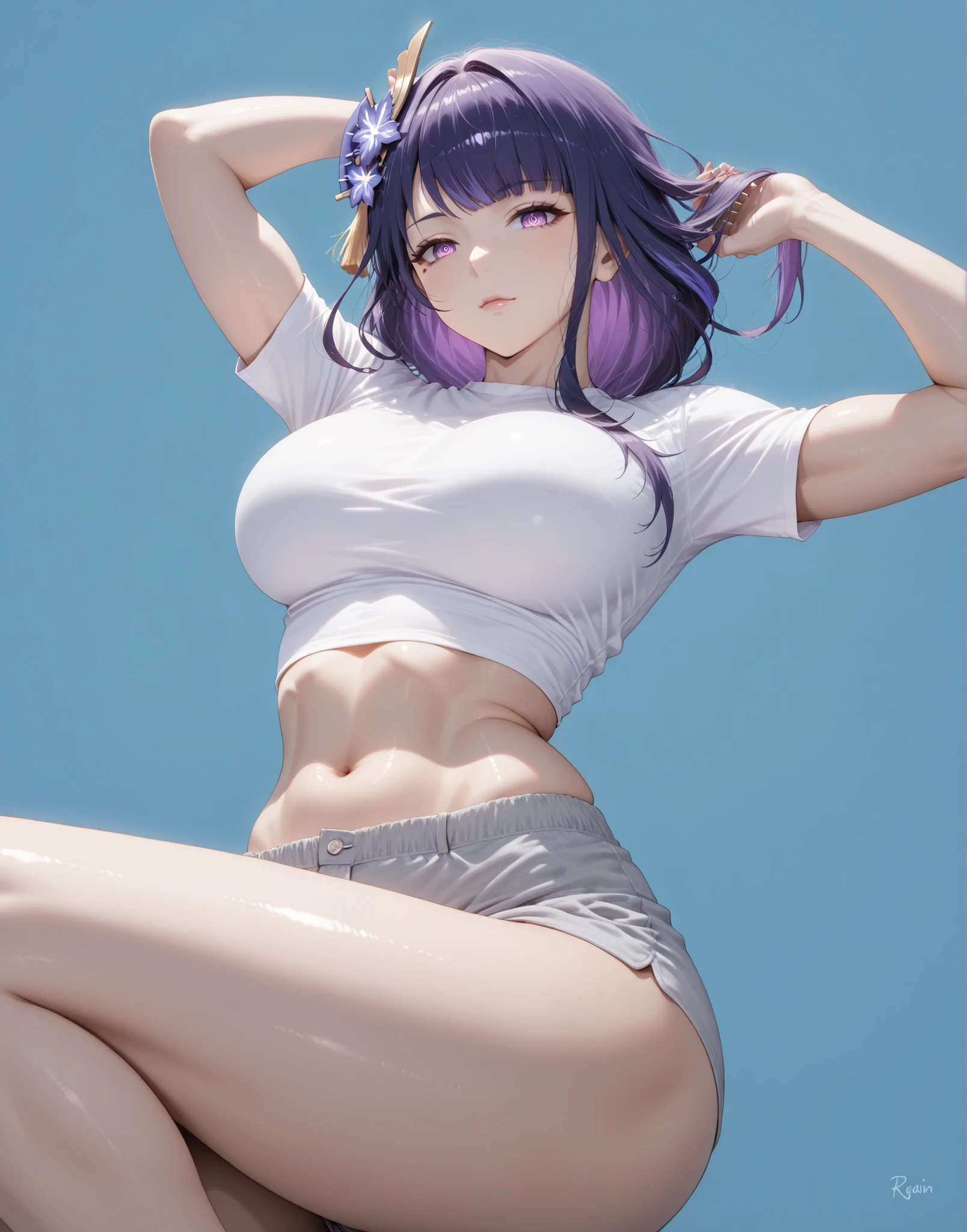 masterpiece, extremely detailed,4k,1girl, solo, raiden shogun,butterfly hair ornament, purple eyes, multicolored hair, short hair,slim body, sexy legs,perfect body,perfect skin texture,large breasts,housewife,grey short pants,white t-shirt, soft light, high detailed, best quality, midriff, navel, navel line, belly, bare belly, sexy, hot girl, big breasts, sexy girl, sexy woman, korean face, beautiful, thick thighs, thigh thighs, upper body, tshirt, crop top, beautiful girl, hot pose, perfect hands, wide hips, expressive, looking at viewers, front look, abs, muscles, sexy pose, photography, cowboy shot,((blue plain background))