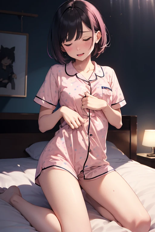 Black Hair、Iris、short hair、girl、cute、high school student、Pink pajamas、Panty shot from skirt、Watery eye、Small breasts、Bedroom、bed、Sleep on your back、Small hair ornament、