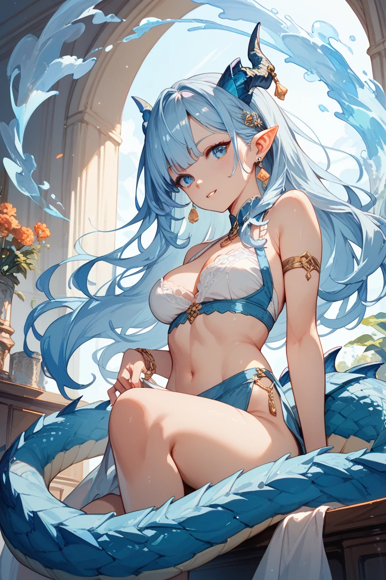 //Character 1girl, human-snake chimera girl, slim and soft, medium large breast, ultra detailed face, super cute, innocent, round face, thin eyeblow, yellow pupils, slit pupils, translucent skin, slimy skin,Skin with some reptilian scales ,smiling full of compassion, extra long hair, white hair, black innner colors, multi color hair, shaggy bangs, straight,
BREAK
//Fashion Her outfit is inspired with aquatic life, it consists light blue transparent flowing garment, tiny chain on her clothes
the material of the outfit is watery fabric,with sprit of SNAKE, dragon beard
BREAK
//LOCATION near the lake , deep in the forest
BREAK
// behavior kneeling down on her knee, putting her hand on the ground, raising hips, (long tongue:1.4)