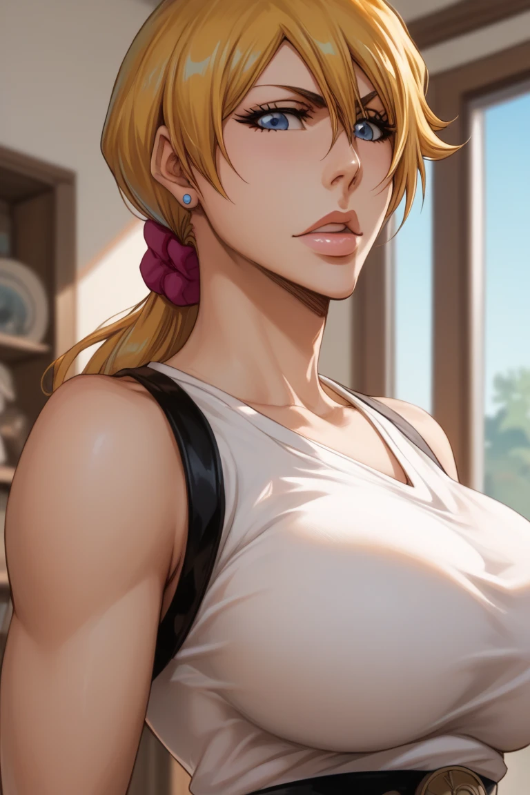 (bestquality,masterpiece), AnnieAOT, solo, japanese_clothes, mature_female, collarbone, lips, makeup, lipstick, closed_mouth, blush, upper body , wearing white bra, full body view, white pantie
