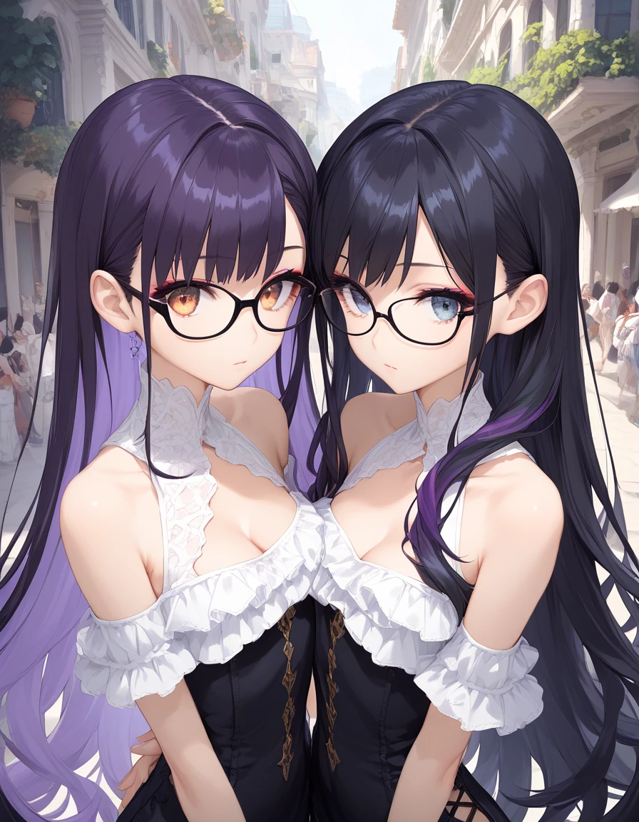 ultra-detailliert, Best Quality, High resolution, ((Two cute little girls with big faces and black hair.))、Pretty eyes、Detailed eye depiction、Eye sparkle、Sareme、Looking at Viewer, pale skin、(((Petite))), (Naked Wedding Dresses)、(flat chest), (big glasses), (blush:1.2), (big eye:1.5), Shy smile, NSFW, In a church, Focus on the face, Long hair, ((The upper part of the body))、from side