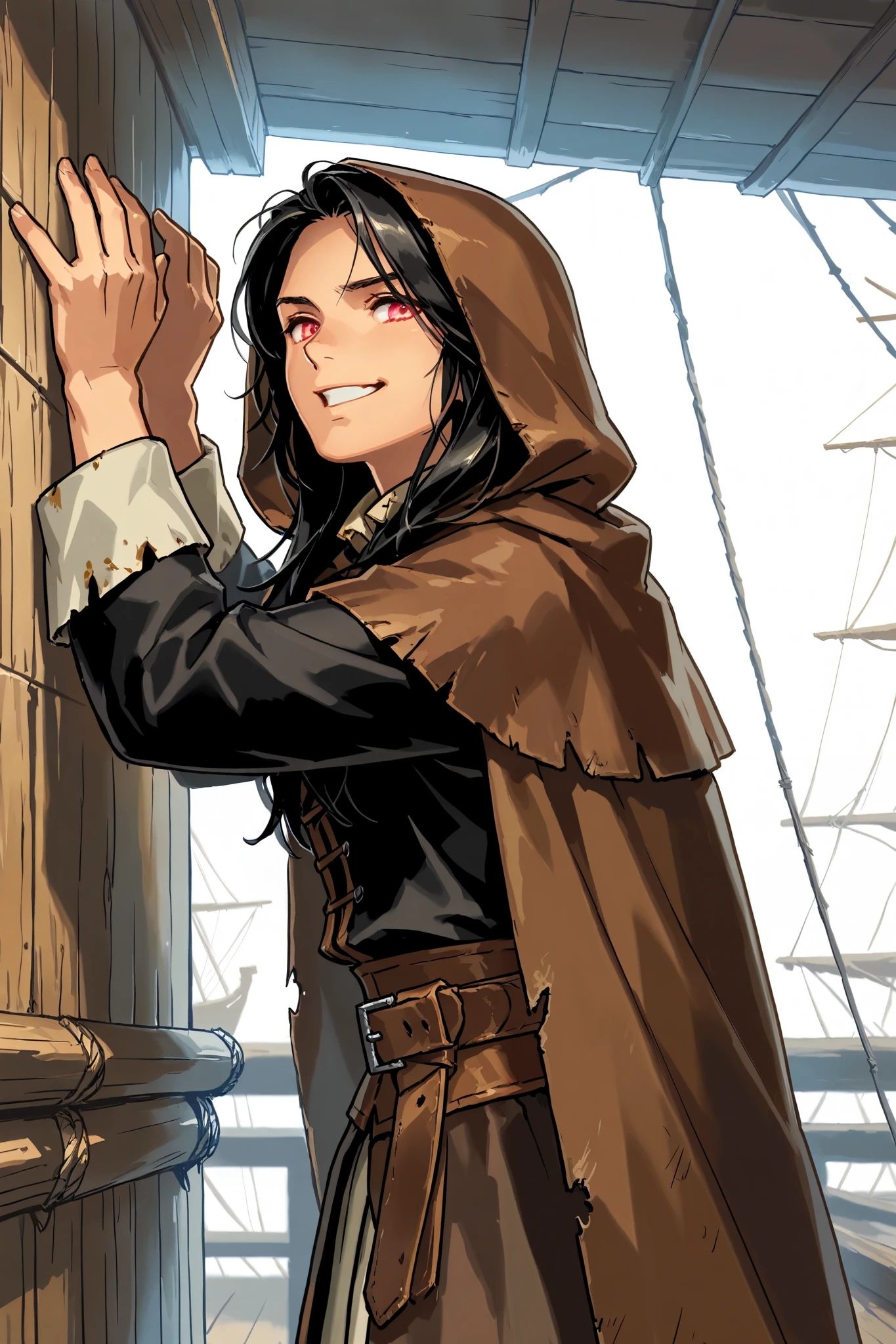 Human, male, messy black hair, light red eyes, wearing a ragged brown cloak , hood up, grey breeches, standing against wall of wooden ship, 18th century clothes, pirate era clothing, wicked grin, fantasy art, dungeons and dragons, close up, npcp