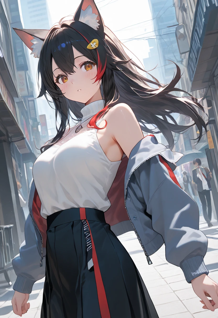 dance、Artistic jump、break dance、Intense movement、dynamism、Cyberpunk Style、Blade Runner atmosphere、Steam is coming out of the exhaust port on the road surface、The road is wet、solo、Fluttering Hair、cute、Beautiful woman、Small Face、White skin、Abdominal muscles、、Bright smile、Mouth half open、White teeth are visible、(Gradient color of black red hair、Disheveled long hair)、(Cargo pants with line、sporty、White sneakers)、(Delicate and fine fingers、Detailed body、Detailed Weapons、Human hand)、(Detailed face) 、(In 8K、Highest quality: 1.4、masterpiece、 Ultra-high resolution、 Highest Resolution,、Very detailed、 Professional Lighting、 Gray Light Lighting、Low angle from below、Blowing steam into the landscape、Fog in the landscape、Foggy、