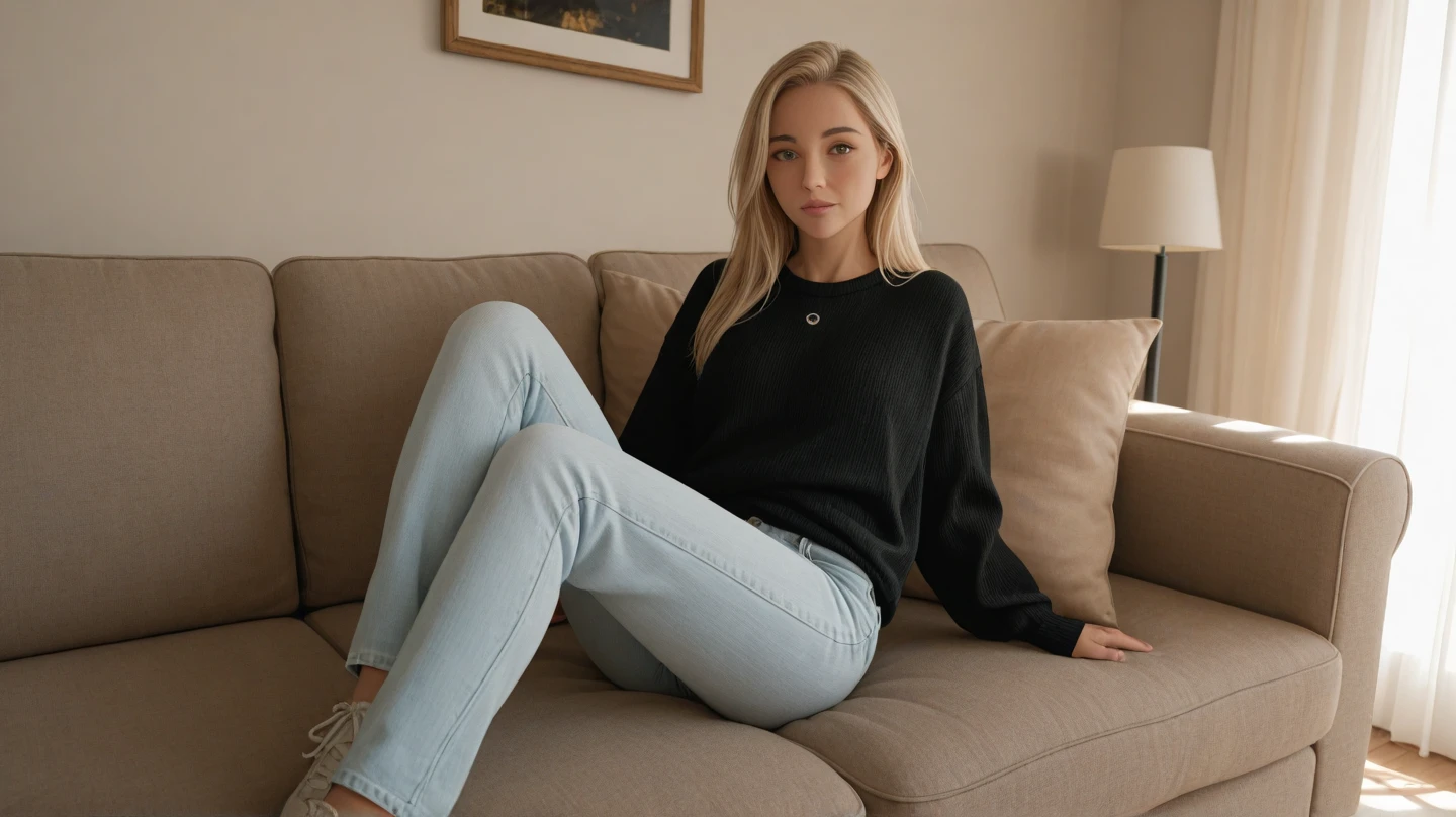 masterpiece, best_quality, 1girl, solo, sleeping, lying on the couch, white sweatshirt, long jeans, socks, blonde, perfect face, 4k, HDR, Full HD, HDR, proper lighting, late afternoon,