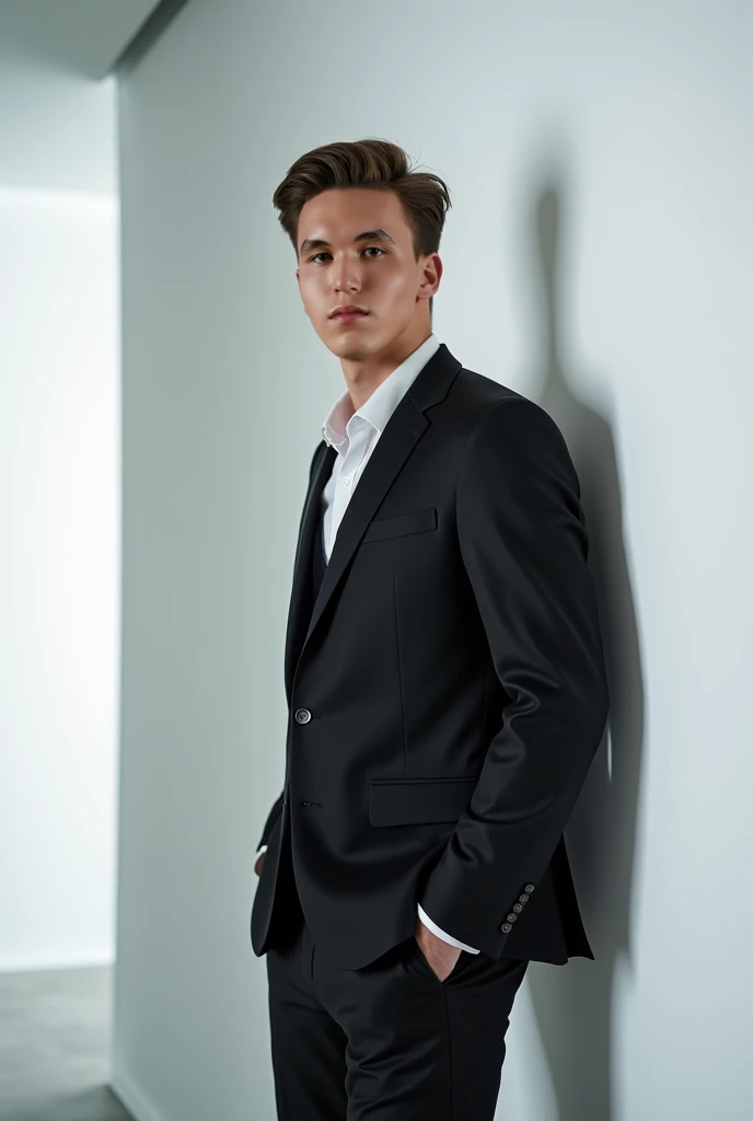 A 18 boy in black suit is sitting in a chair . Trund his face into left sight . And giving a stylish pose
More realistic. Without highlights