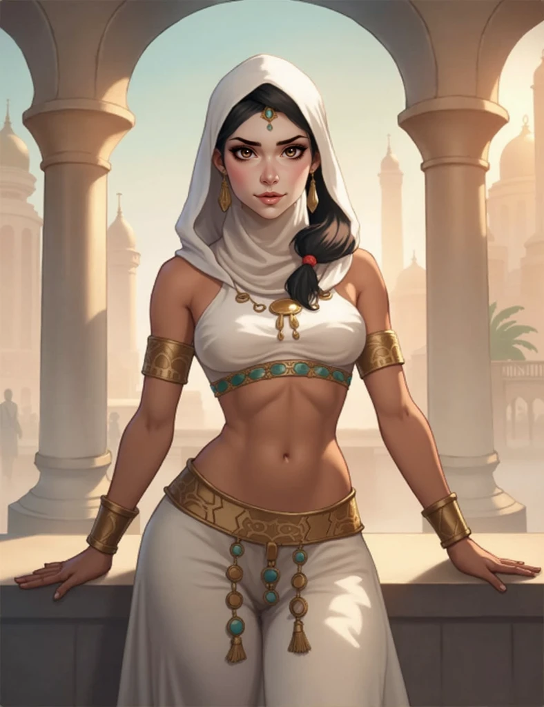 a girl from Ancient Egypt, 1girl,

(large breasts:1.4), saggy breasts, (((twin braids, tight braids,,,, long braid, braided hair, Hime Long Haircut,  Dark hair, black hair,  colored inner hair))), ((violet eyes:1.3, Perfect eyes ,beautiful detail eyes, The rainbow glows with ultra-detailed dark green purple eyes:1.1, gradient eyes:1, finely detailed beautiful eyes:1, symmetric eyes:1, Large eye illumination:1.2)), (((sparkly skin:1.5, suntanned skin, Bright skin: 1.5, suntanned skin, sparkly skin, Very shiny skin, shiny body))), (arachnoid lower abdomen, Narrow waist, wide hip, Athletic body, inflated legs, tender, Detailed fingers, The hand consists of a short thumb and four fingers, A hand with five fingers, Manual Help), 

Cute, slutty, Sensual, seductive gaze, seductive, Erotic, fascinating, NSFW, 

zettai ryouiki, Revealing clothes, Show skin, cleavage, ((underbreasts)), (((bare footed))), ((egyptian clothes)), ((Detailed Egyptian equipment)), Egyptian accessories, Usekha's collar, earings, ((Hair tubes)), (eyeshadows), (egyptian makeup), Eyelid make-up, (((pelvic curtain))), (loincloth), (sheer fabric:1.1, Detailed outfit)

dynamicpose, looking a viewer, Embarrassed, (full height), full - body,

exteriors, (Egyptian Palace, Prehistory of the Egyptian palace), Detailed background, (an oasis, Background of the oasis), extremely detailed background, (Puddles are everywhere, moss, Moss in the background), Clouds,

(Best Quality), (High Resolution), (sharp-focus), (Ultra Detailed), (Extremely detailed), (Works of art of the highest quality), 8K_wallpapers, (Чрезвычайно детализированная CG 8k),(very good 8K CG), ((Hyper Super Ultra Ultra Детализированная Идеальная Деталь)), immaculate, (((Masterpiece))), illustartion, Bright colors