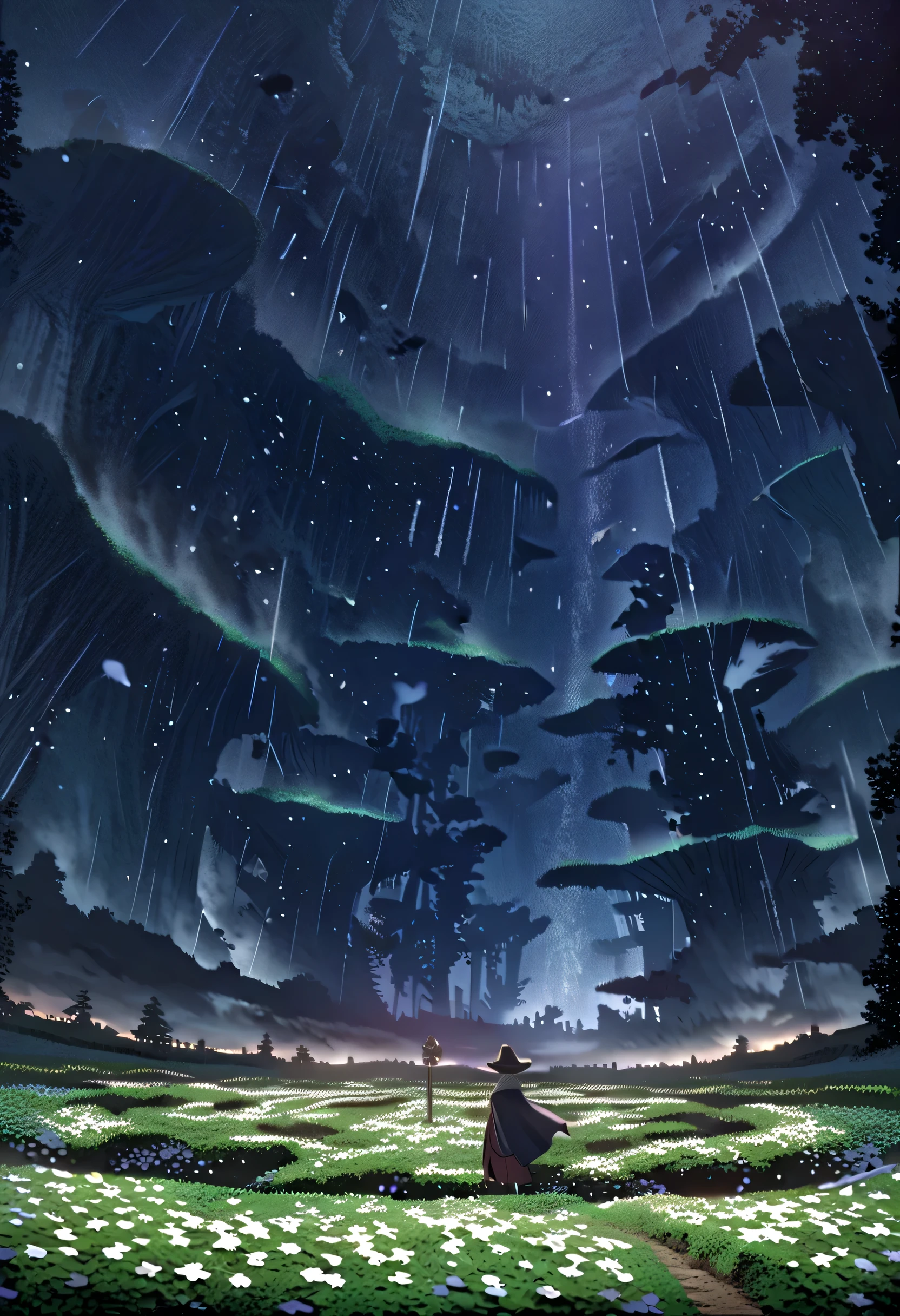 anime-style ultra-detailed night landscape, detailed heavy Rain, storm, giant's goblet, waterfall, (white hair 25yo witch lady:1.1) is seeing magnificent panorama view from high location, low_twintail hair, blunt bang, black witch robe, black witch hat, wood staff, (scenery, orth, abyss, edge, temptation, inverted forest, fault, goblets, flower field, sea, unreturned, iruburu, maelstrom), PEAnimeBG, Background, DonMN1gh7XL