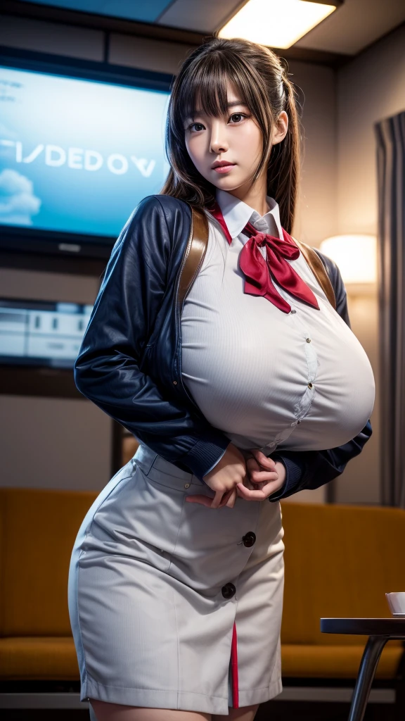 (best quality), (masterpiece), 1 girl, early 20's, huge heavy breasts, busty, perky breasts, thick, thick lips, wide hips, thin waist, paizuri invitation, no bra, button up shirt, cum in between breasts, cum on chest, cum dripping between breasts