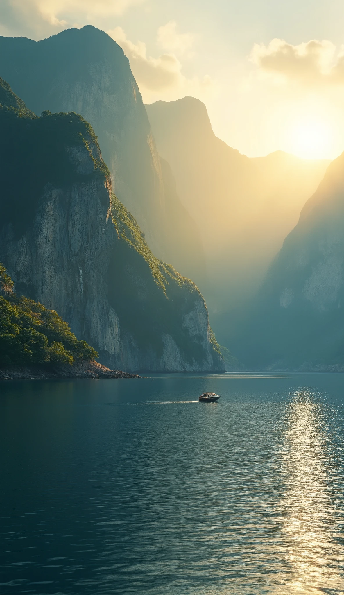 Hi-Res Image、Backlight on one side of the mountain、1h before sunset、Scenery seen by the seaside、1 small boat in the sunlight、4K Detail Digital Art、Colorful natural scenery、Beautiful coast
