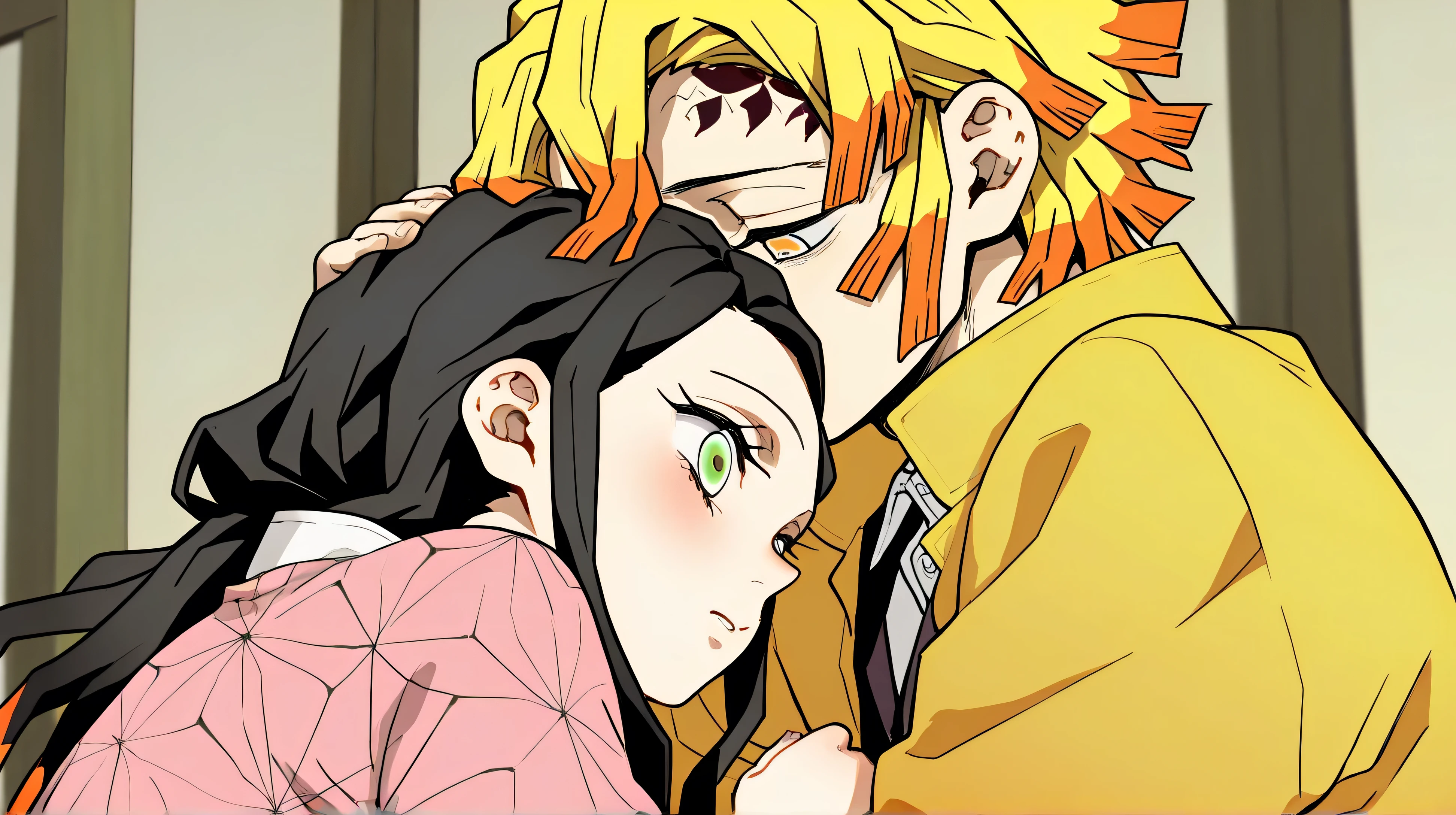 2 characters, A boy with short yellow hair is Zenitsu in the anime Kimetsu No Yaiba, Your hair is multicolored yellow and orange, her blouse has a yellow collar, She wears a yellowish coat, her expression is one of drunkenness, He's hugging another character, to Nezuko with a blushed expression