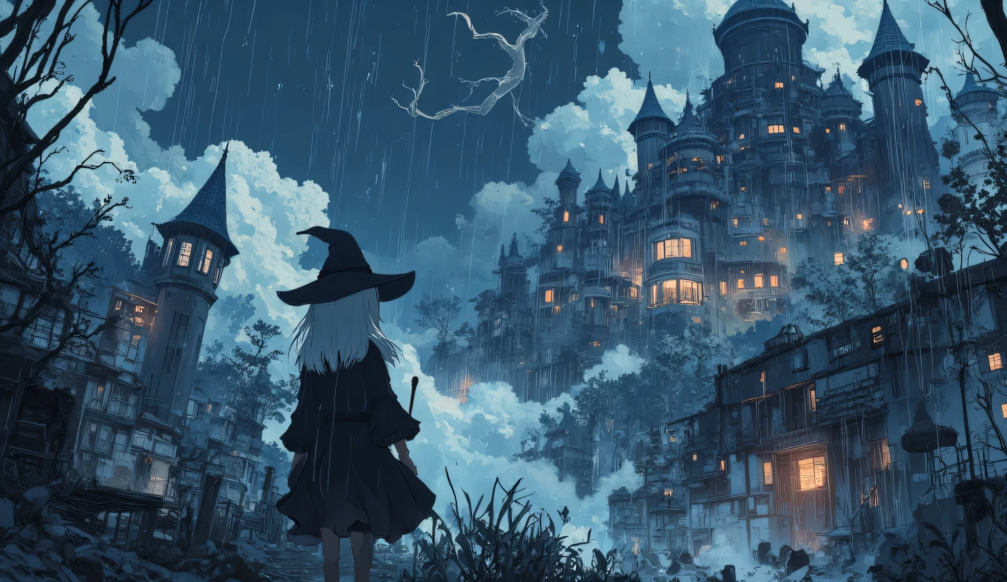 anime-style ultra-detailed night landscape, detailed Rain fallen into detailed mountain, storm, rainy cloud, forest, white hair 25yo witch lady is seeing panorama view from high location, low_twintail hair, blunt bang, black witch robe, black witch hat, wood staff, Detailed Nostalgy Flux Anime, Darkness All Along