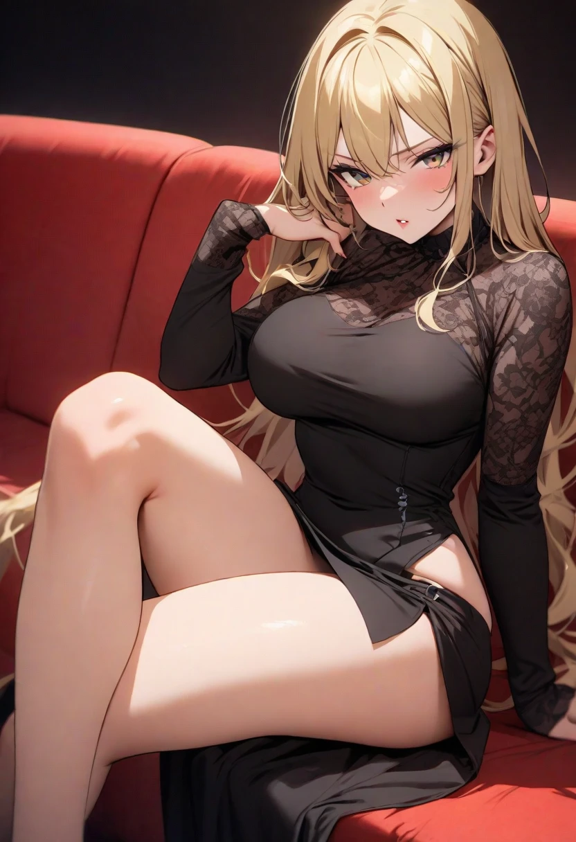 (masterpiece), detailed illustration, dynamic angle, ultra-detailed, illustration, 1girl, teen, (long blonde hair), green eyes, bright eyes, (extremely detailed eyes:1.37), medium breasts, cleavage, nice thighs, toned body, athletic body, (short tight leather dress), halter dress, (thigh high leather boots), modern bedroom, luxury condo, aroused, anxious, sitting on bed, (holding pink panties in right hand)